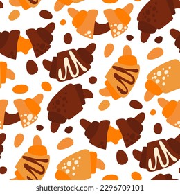 The design with a croissant pattern is plain and chocolate with dots and lines. Baking background with croissant and spots. Seamless pattern with colored croissants and decor on a white background