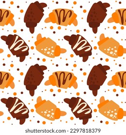 El diseño con croissant es sencillo y el chocolate con puntos y líneas. El fondo es de color cruasán y manchas. Patrón inmaculado con croissants de colores y decoración de fondo blanco