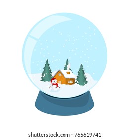 Design of crystal ball of the north pole, snow, tree, snowman. Vector illustration.