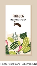 Design for cucumbers and pickles packs. Cucumbers label packaging design element, hand drawn doodle vector illustration.