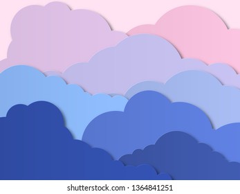 Design with cumulus clouds in a cloudy sky. Sunset or sunrise with red sun above the clouds. Paper cut design for cards, invitations, advertisements. Vector illustration