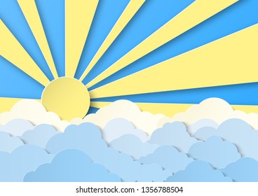 Design with cumulus clouds in the daytime sky. Bright sun with wide rays. Paper cut design for cards, invitations, advertisements. Vector illustration