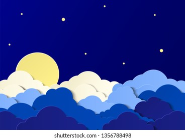 Design with cumulus clouds in the night sky. Bright moon and stars. Paper cut design for cards, invitations, advertisements. Vector illustration