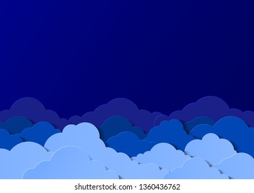 Design with cumulus clouds in the night sky. Paper cut design for cards, invitations, advertisements. Vector illustration