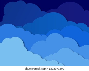 Design with cumulus clouds in the night sky. Paper cut design for cards, invitations, advertisements. Vector illustration