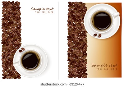 Design with cup of coffee and coffee grains. Vector.