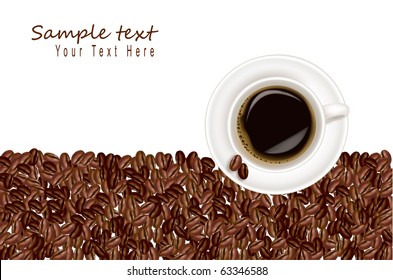 Design with cup of coffee and coffee grains. Vector.