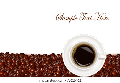 Design with cup of coffee and coffee grains. Vector.