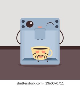 Design with cup of coffee and coffee machine character. Funny cartoon vector illustration for children