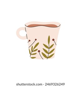 Design of cup with green leaves pattern. Pottery mug of cocoa, coffee, tea decorated with plant foliage. Cute teacup for hot drinks, beverages. Flat isolated vector illustration on white background