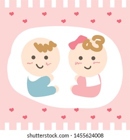 Design cute baby, boy and girl on sweet pink heart background vector.