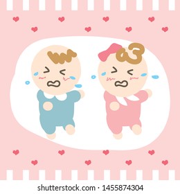Design cute baby, boy and girl running and crying on sweet pink heart background vector.