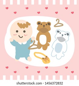 Design cute baby, the boy take hanger and  select bear style clothes on sweet pink heart background vector.