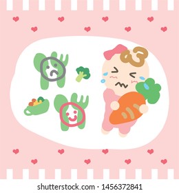 Design cute baby, the girl take big carrot and crying on sweet pink heart background vector.