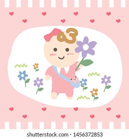 Design cute baby, the girl take beautiful flower on sweet pink heart background vector.