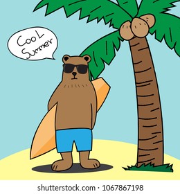 Design of cute bear cartoon surfer summer concept with coconut tree and sand background.