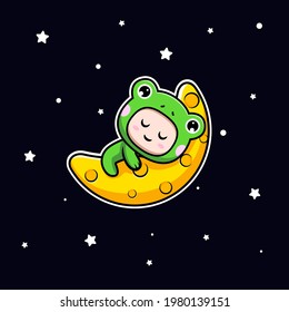 Design of cute boy wearing frog costume sleeping on moon