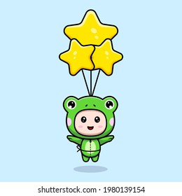 Design of cute boy wearing frog costume floating with star balloon