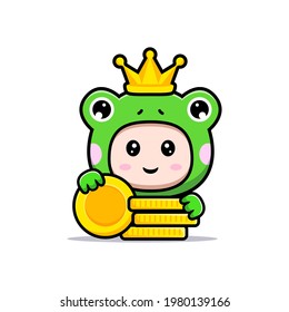 Design of cute boy wearing frog costume with gold