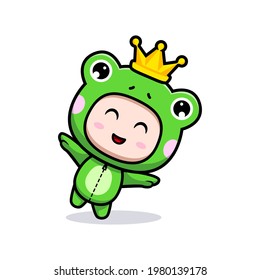 Design of cute boy wearing frog costume playing with crown