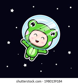 Design of cute boy wearing frog costume floating on space