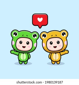 Design of cute boy wearing frog costume waving hand with love