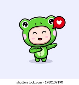 Design of cute boy wearing frog costume dabbing with love