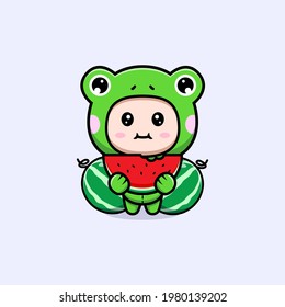 Design of cute boy wearing frog costume eating watermelon fruit