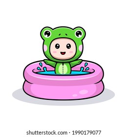 design of cute boy wearing frog costume swim on summer