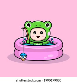 design of cute boy wearing frog costume swim on summer