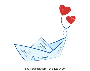 Design of cute card with simple paper boat carrying red love hearts copy space