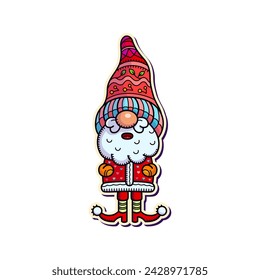 Design of a cute, cartoon character gnome Santa. Christmas sticker in flat style on a white isolated background. Vector illustration.