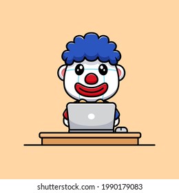 design of cute clown with laptop character mascot llustration