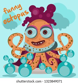 The design of cute curly octopus in light blue is covered in bubbles 