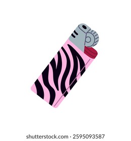 Design of cute fluid or gas lighter. Modern equipment, accessory for smoking. Pink tool with striped pattern for burning fire, cigarette. Flat isolated vector illustration on white background