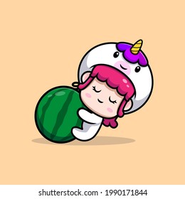 design of cute girl wearing unicorn costume hug watermelon icon illustration