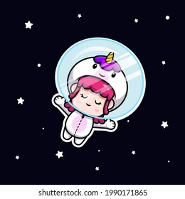 design of cute girl wearing unicorn costume floating on space icon illustration