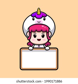 design of cute girl wearing unicorn costume holding blank board icon illustration