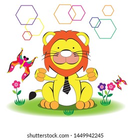 A design of cute lion with butterfly on white background - Vector.