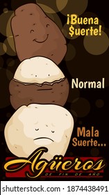 Design with cute potatoes ready for the Colombian omen tradition: the peel one symbolizes bad luck, the half peel mean average luck and the unpeeled symbolize good luck (texts written in Spanish).