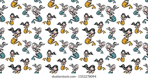 design cute seamless pattern mermaid funny drawing