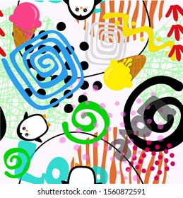 Design with cute shapes and animal. Seamless pattern. Vector background. 