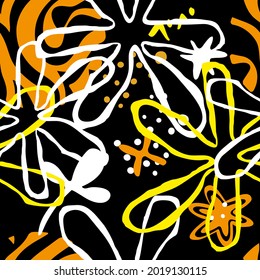 Design with cute shapes and plants. Seamless pattern. Vector background. 