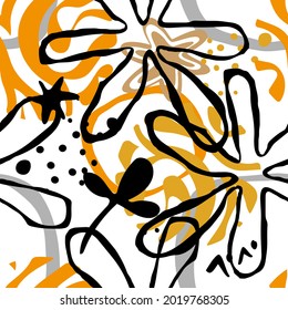 Design with cute shapes and plants. Seamless pattern. Vector background. 