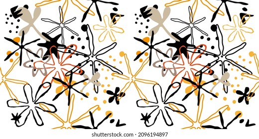 Design with cute shapes and plants. Seamless pattern. Vector background. 