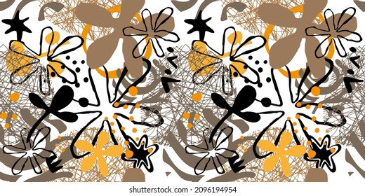 Design with cute shapes and plants. Seamless pattern. Vector background. 