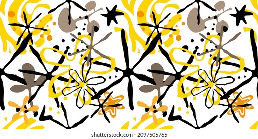 Design with cute shapes and plants. Seamless pattern. Vector background. 