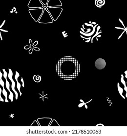Design with cute shapes and plants. Seamless pattern. Vector background. 