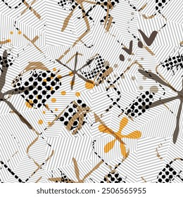 Design with cute shapes and plants. Seamless pattern. Vector background. 
