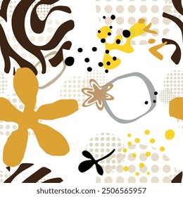 Design with cute shapes and plants. Seamless pattern. Vector background. 
